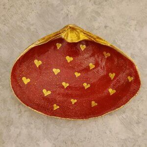 Hand Painted Shell Red with Gold Hearts Jewelry Trinket Dish Gold Leaf Trim